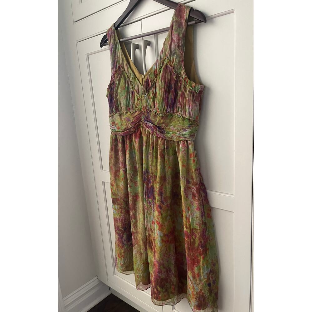Sundance 100% Silk Dress 10 Watercolor Floral Green Pink Fit Flare Midi V-Neck - Picture 2 of 8